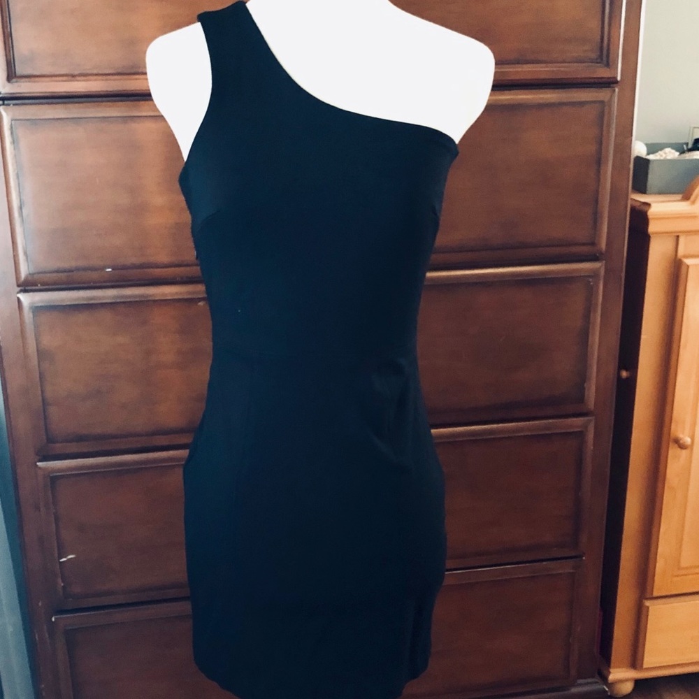 One shoulder Ponte stretch little black dress